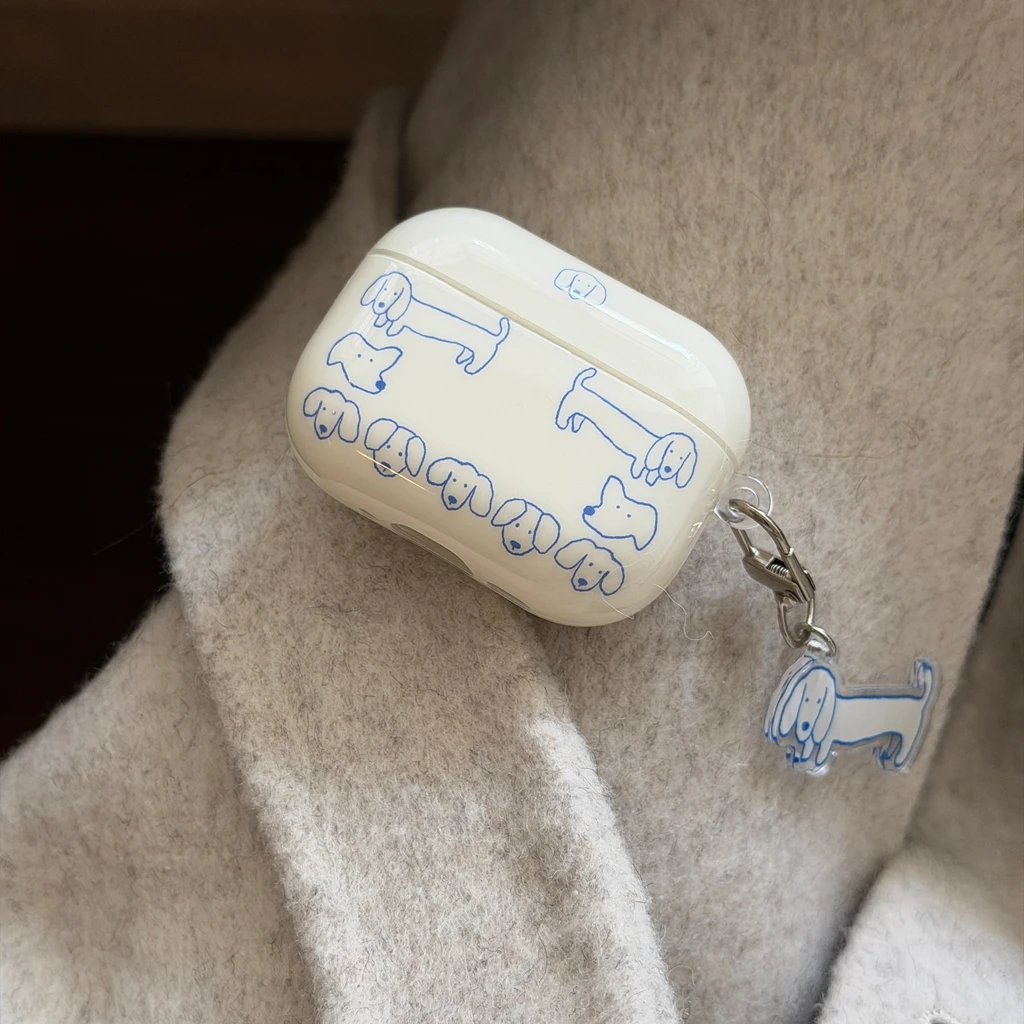 Blaue Einfache Linienzeichnung Dackel Hund Kleiner Hundekopf mit Anhänger Kopfhörer-Schutzhülle für AirPods 1 2 3 4 Pro2 Pro3