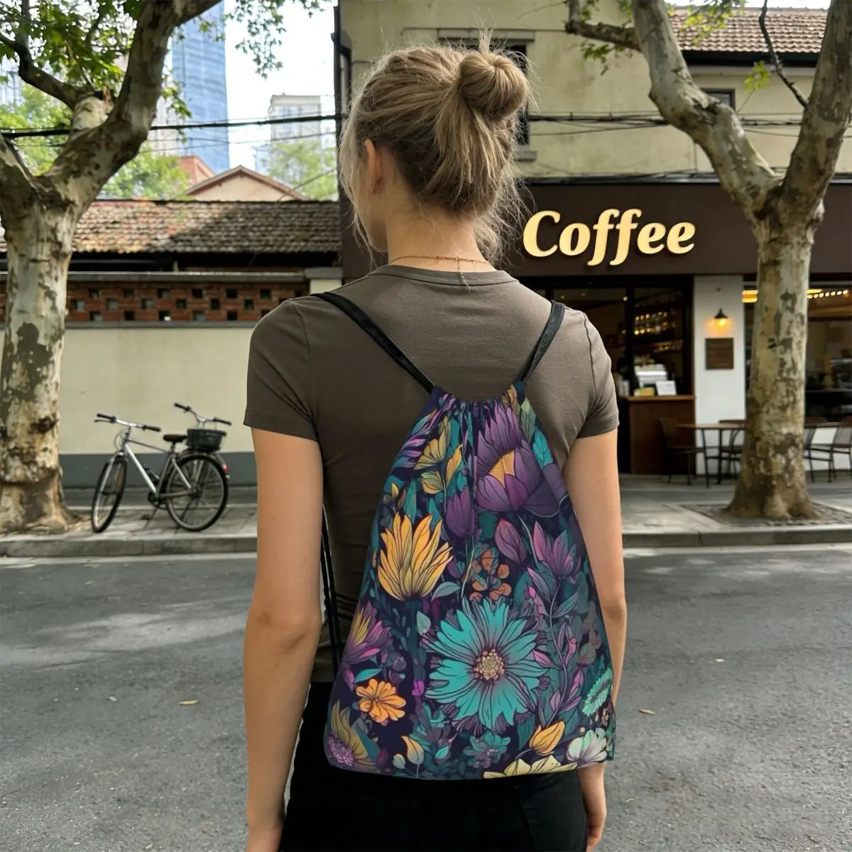 

Purple Flower Vintage Pattern Backpacks Multi-function Drawstring Bundle Pocket Sports Bag Book Bags for Man Woman School