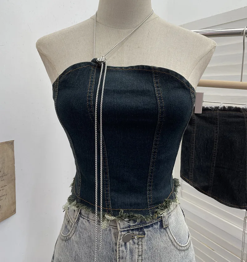 

Y2k Spice Girl Джинсовый топ без рукавов с бретелькой на шее, короткий жилет нестандартного дизайна, женский топ