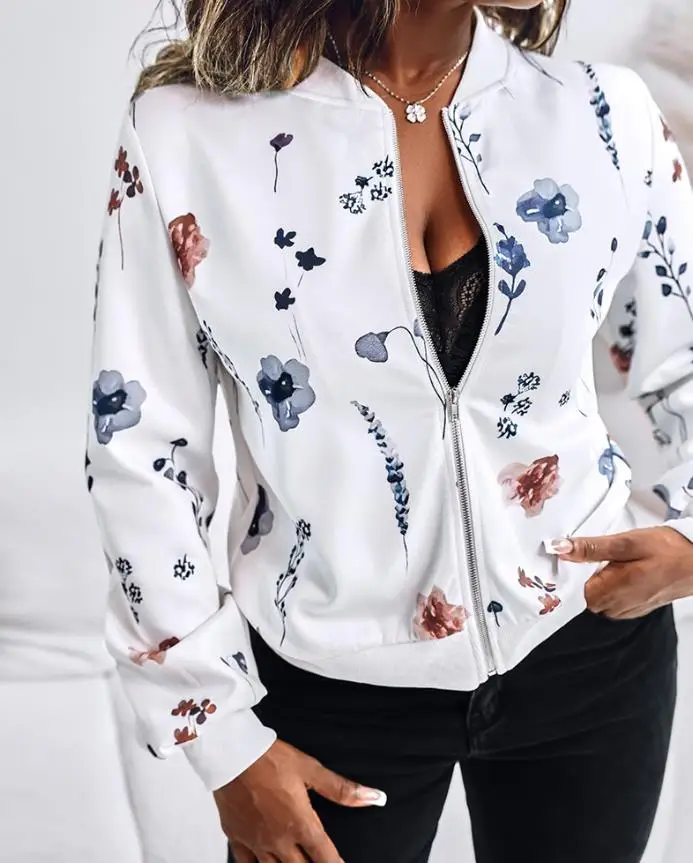 Female Wear Plants Print Long Sleeve Casual Zipper Baseball Coat Daily Clothing 2025 Autumn Vacation Women's Fashion Jacket