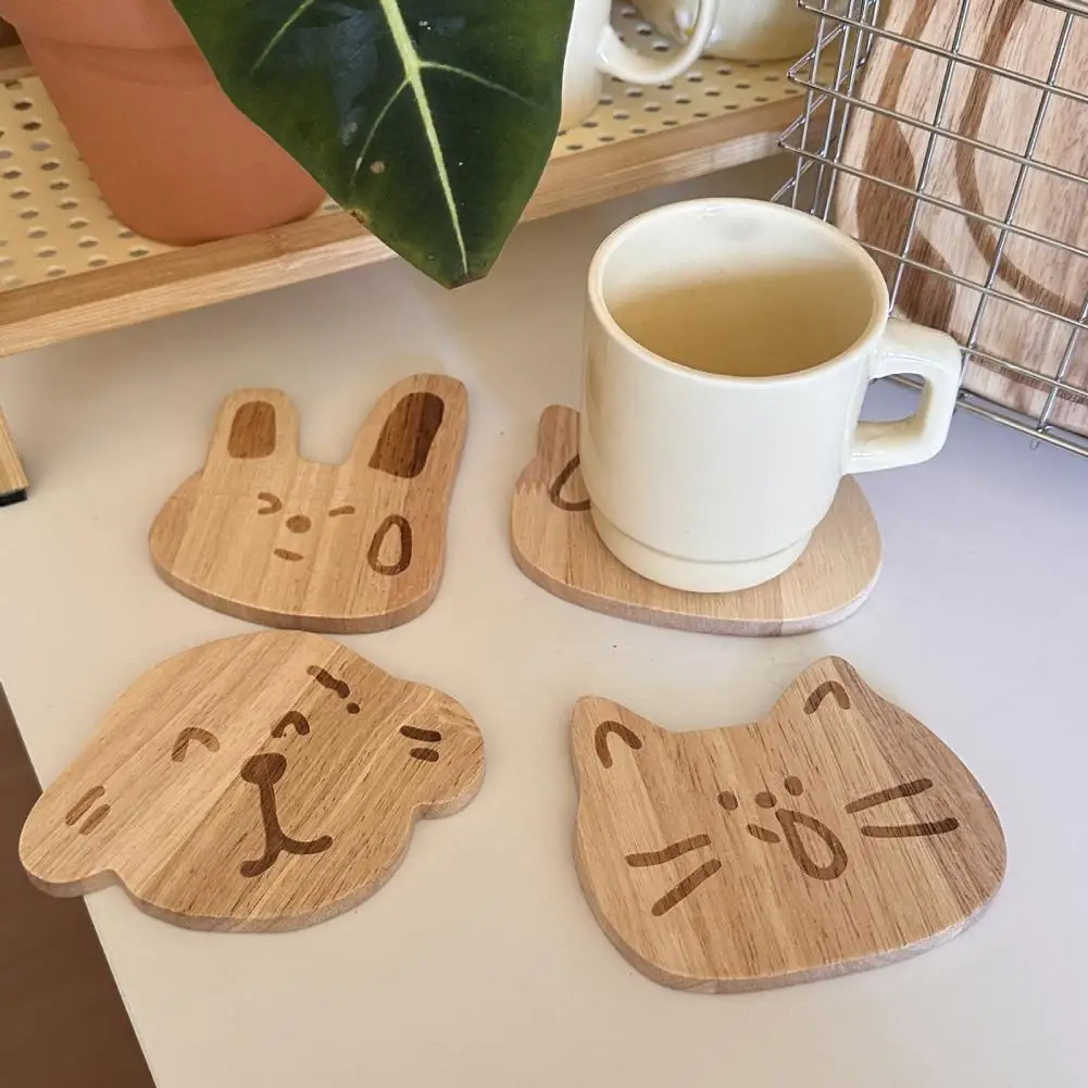 

Heat Insulation Coaster Solid Wood Coasters Set Wooden Cartoon Coasters Set Heat-resistant Insulation Table Mats for Home