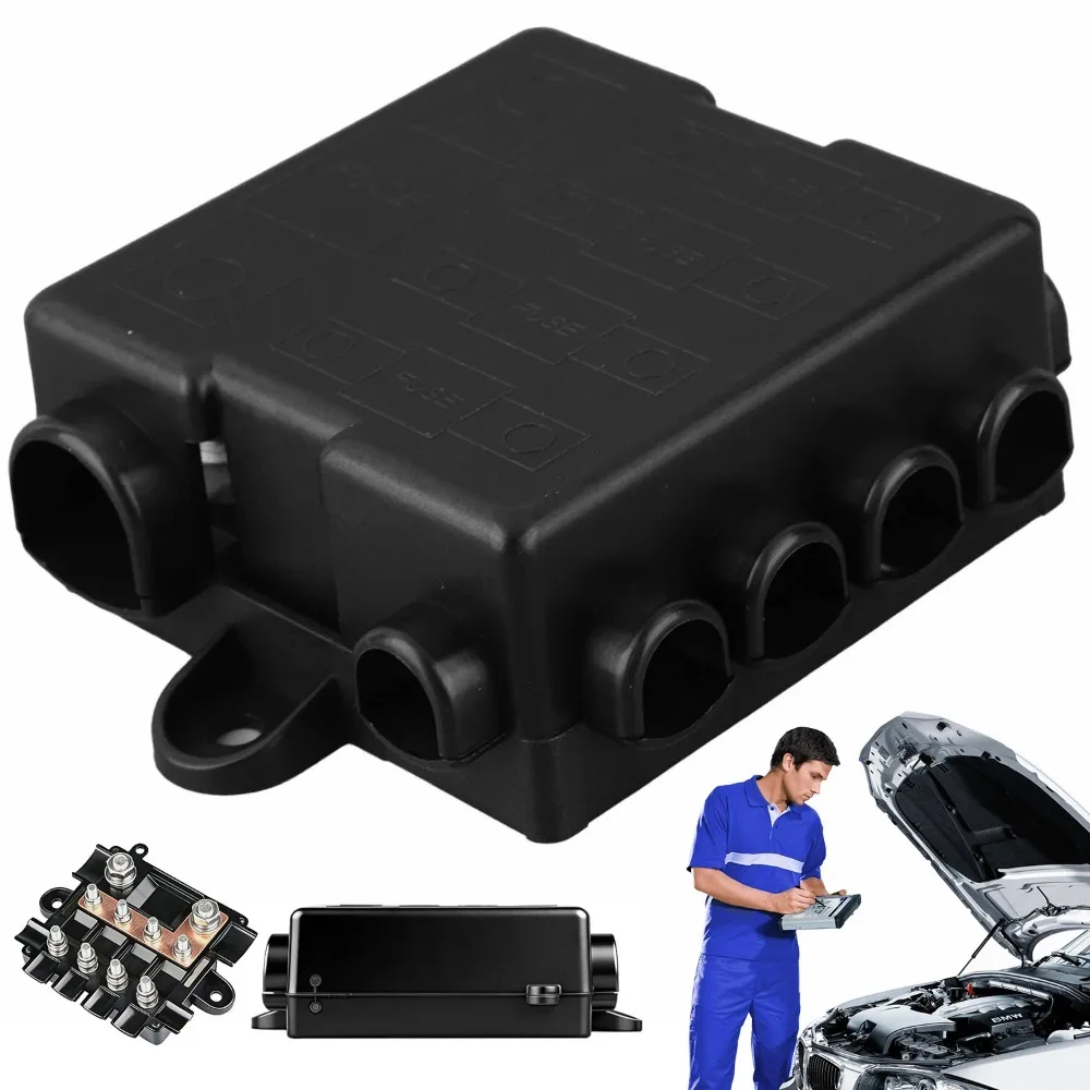 Sicherungskasten mit Stromschiene, 1 Eingang und 4 Ausgängen, integrierter Halter für Mega- und Midi-Sicherungen, geeignet für Autos, Wohnmobile, Schiffe, Solar-Off-Grid, industrielle Stromversorgung.