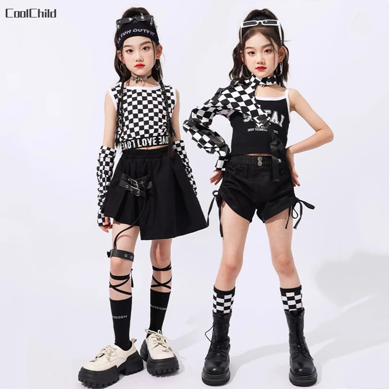 Hip Hop Girls Cool Crop Top Plaid Skirts Children Streetwear Goth Clothes Sets Street Dance T-shirt Kids Stage Jazz Costumes