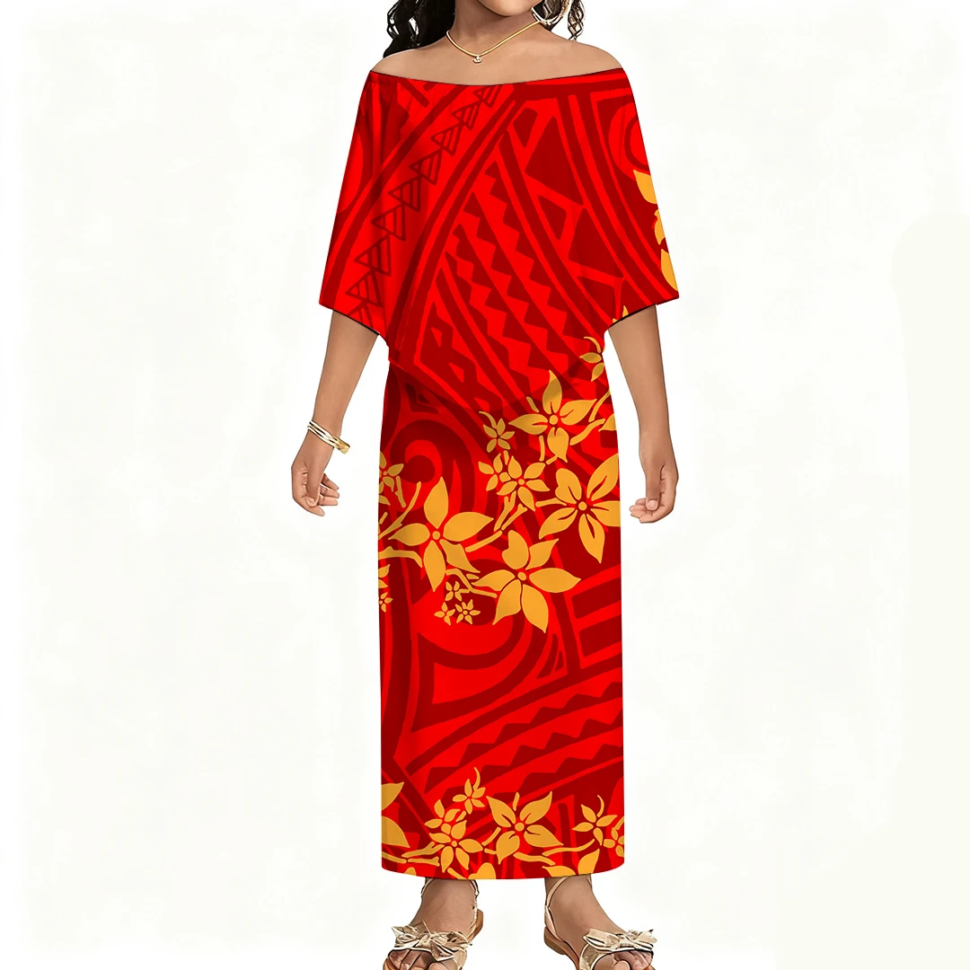 البولينيزية نمط مخصص الصيف خارج على الكتف الرجعية كبيرة الجبهة هيم فستان طويل فضفاض للفتيات والنساء