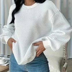 2025 Autumn & Winter Women's Hoodie Solid Color Waffle Casual Small Style Round Neck Sweatshirt Tops For Women White Pullove