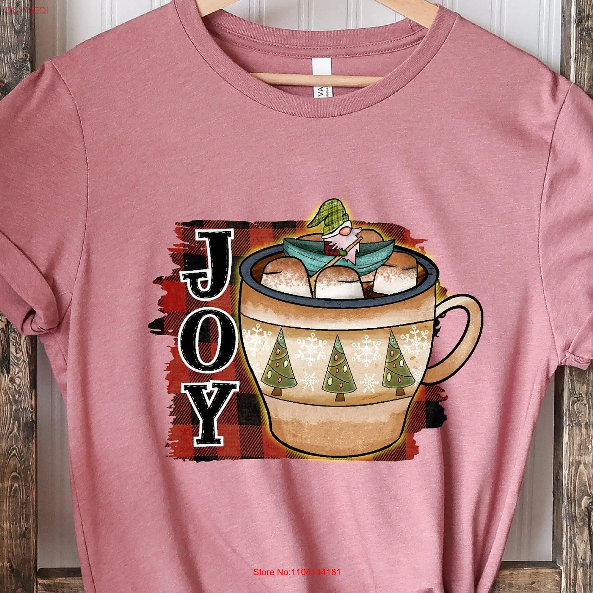 Christmas Joy T Shirt Hot Cocoa Coffee For Her long or short sleeves