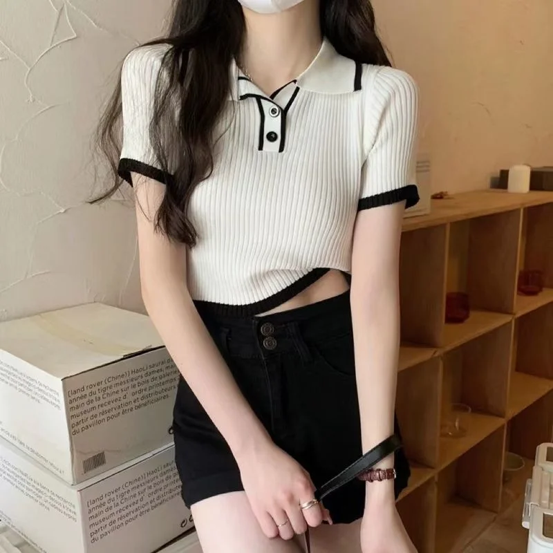 Harajuku Knitted Crop Top T Shirt Female Cropped Clothing Ladies Short Sleeve Shirring Solid White T-shirt Black Blouses Female