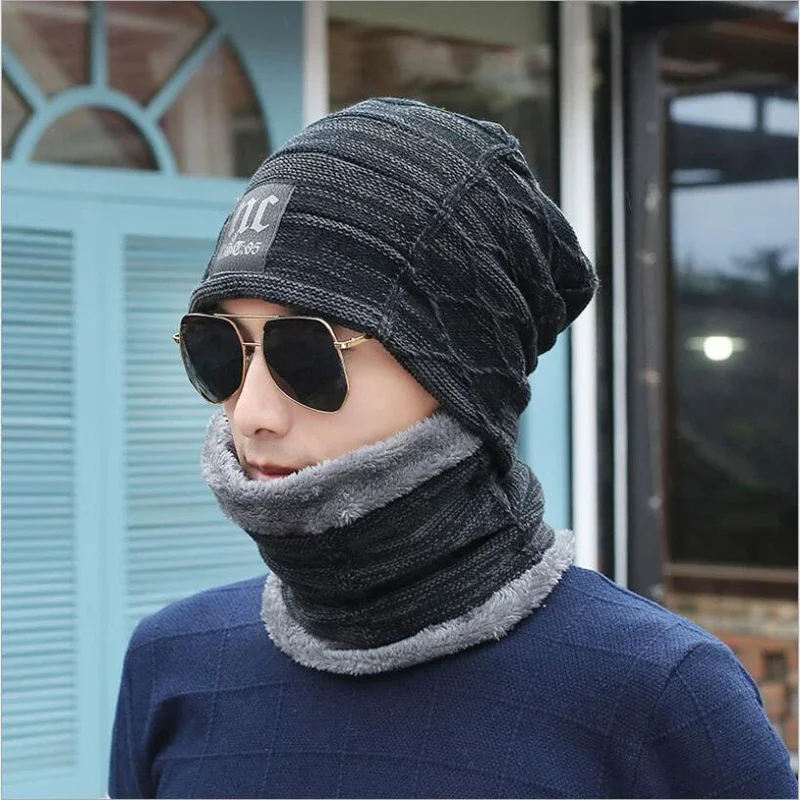 2-Pieces Winter Beanie Hat Scarf Set Warm Knit Hat Thick WoolLined Winter Hat & Scarf Skullies Bonnet For Men Women