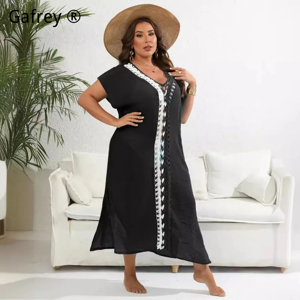 

Plus Size Women Patchwork Deep V Neck Slit Maxi Dress Vacation Beach Cover Up Casual Bohemian Swimwear Cover Dress