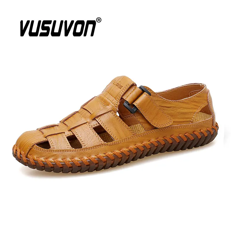 Fashion Men Sandals Summer Breathable Leisure Water Beach Black Shoes Split Leather Big Size 38-47 Clogs Flats Loafers