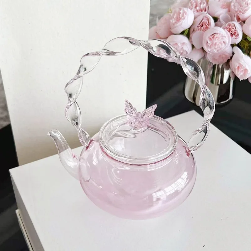 Pink Handle Glass Teapot Household Transparent Filter Tea Set Beam Pot Pu'er Tea Kettle Simple Chinese Flower Tea Pot Tea Maker