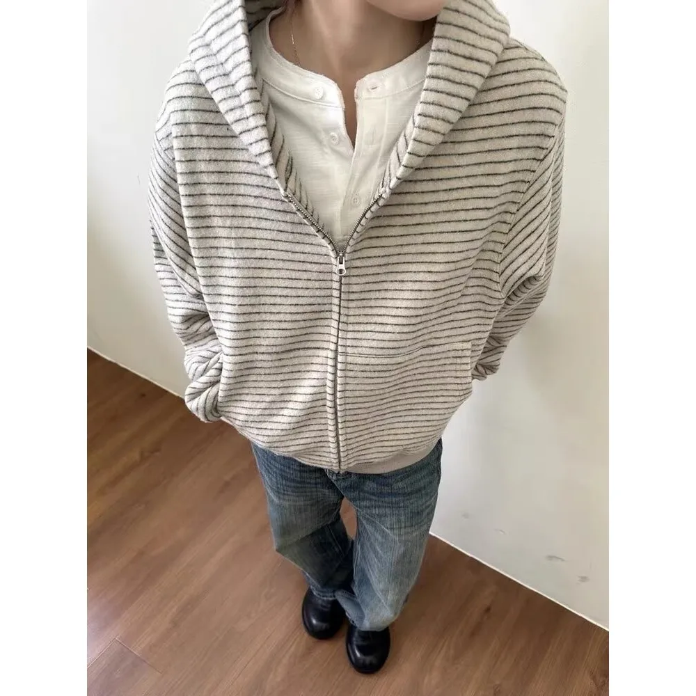 

Men's Oversized Striped Hooded Zipper Cardigan Long Sve Sweatirt Autumn Winter Casual Loose Couple Boxy Windproof Jaet