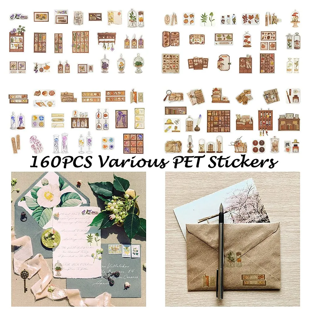 160PCS Vintage Scrapbook Stickers Pack, Retro Decorative Florals Plants Transparent Stickers,for DIY Craft Daily PlannerJAS