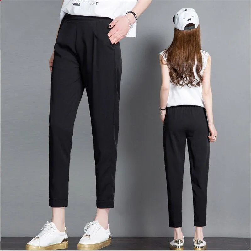 Office Lady Chiffon Solid Black Ankle-Length Pants High Elastic Waist Cuffs Pencil Pants  Female Trousers -