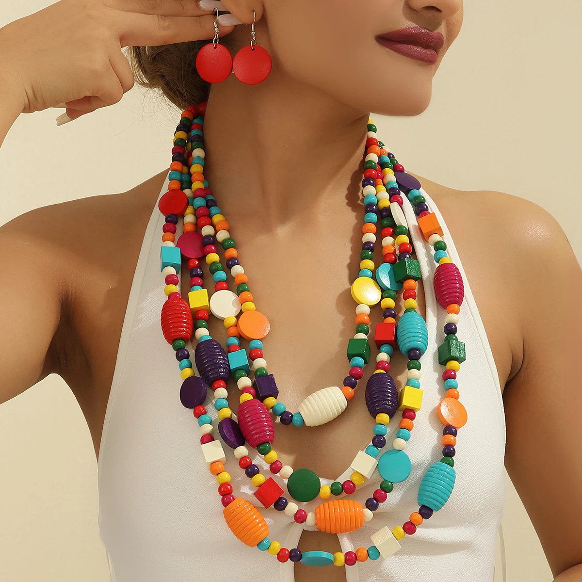 Bohemian Multi-layer Wooden Bead Necklace and Earring Set