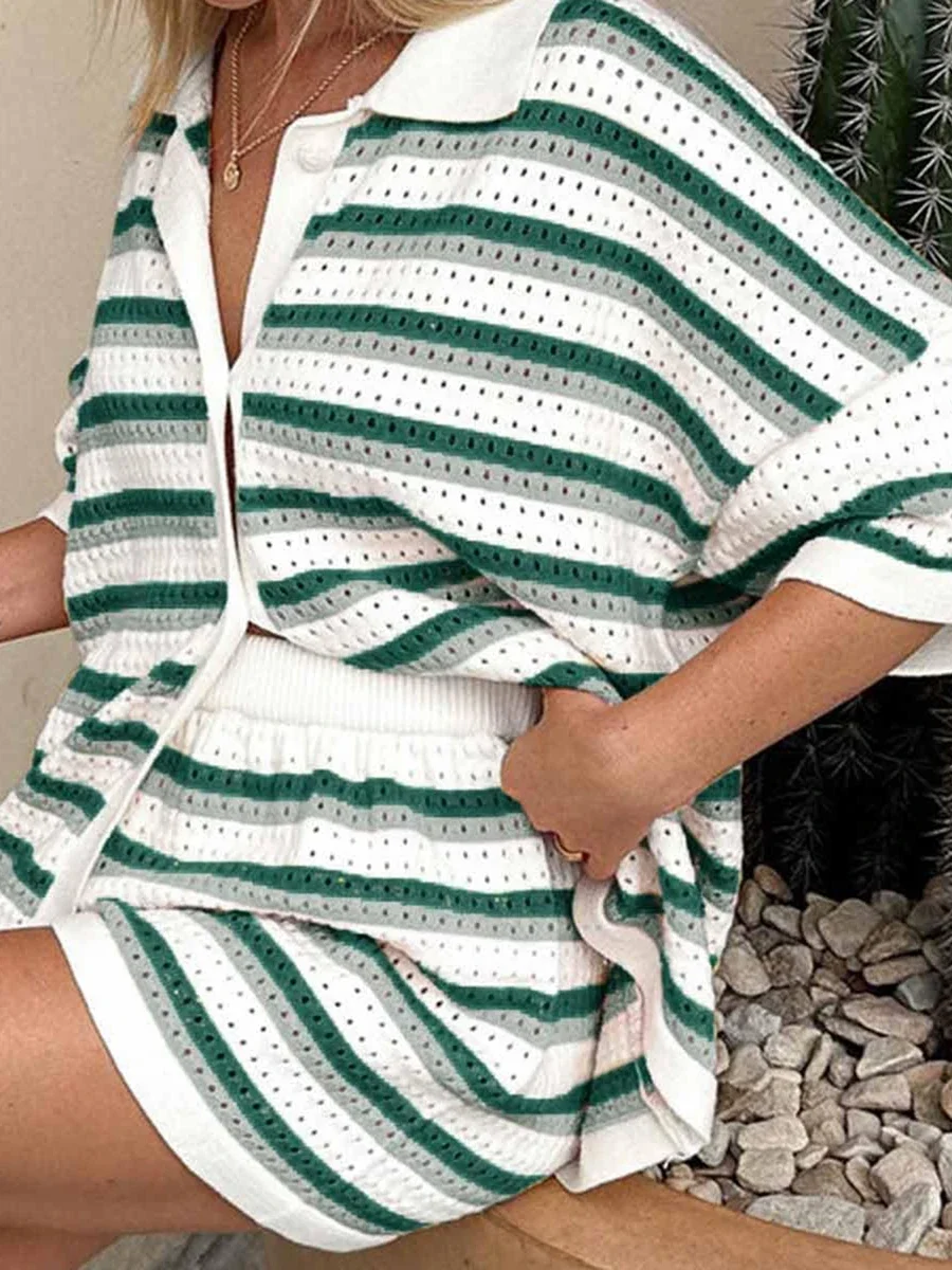 Women Pajamas Set 2 Pieces Loungewear Suits Summer Striped Contrast Color Button Crochet Knit Tops and Shorts Lounge Sets Beach