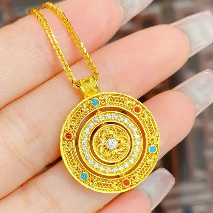 24K Pure Gold Rotating Compass Pendant, AU999 Turquoise Disc Necklace with Vibrant Threads, Meaningful Blessings Gift