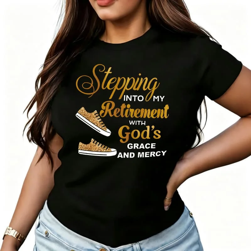 Retirement with God's Grace and Mercy Women's T-Shirt 100% Cotton Funny Graphic Short Sleeve Tee Novelty Shirt Casual Crew Neck Top S-5Xl