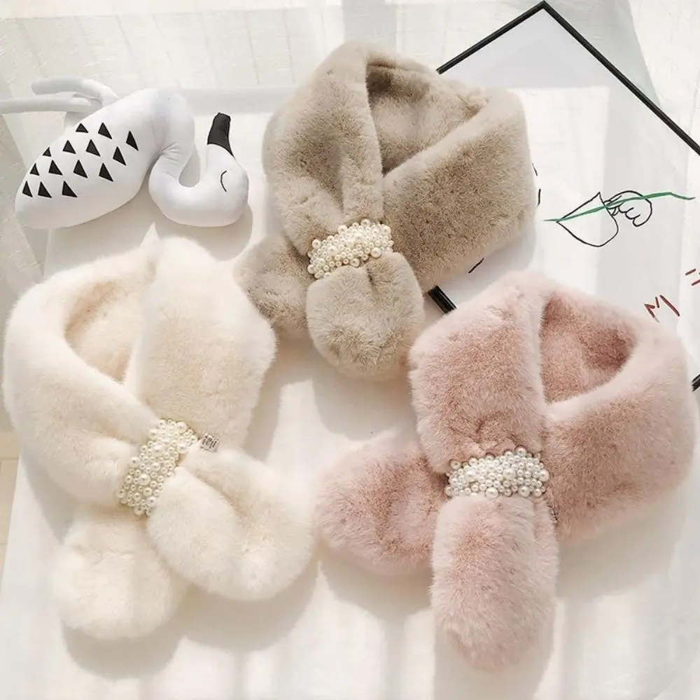 Winter Pearl Plush Scarf For Women Autumn Cute Thickened Warm Faux Fur Cross Scarves Girls Soft Neck Ring Scarf Korean Style