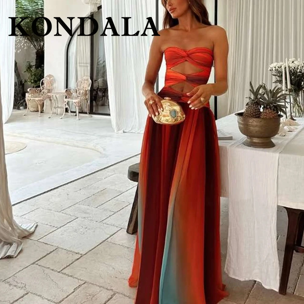 KONDALA Fashion 2025 Damskie Sukienki Wzorzyste na Wakacje Wiosenne Bez Ramiączek z Wycięciami Dopasowane Długie Sukienki na Zamek Błyskawiczny Seksowne Sukienki Damskie z Efektem Drapowania Eleganckie