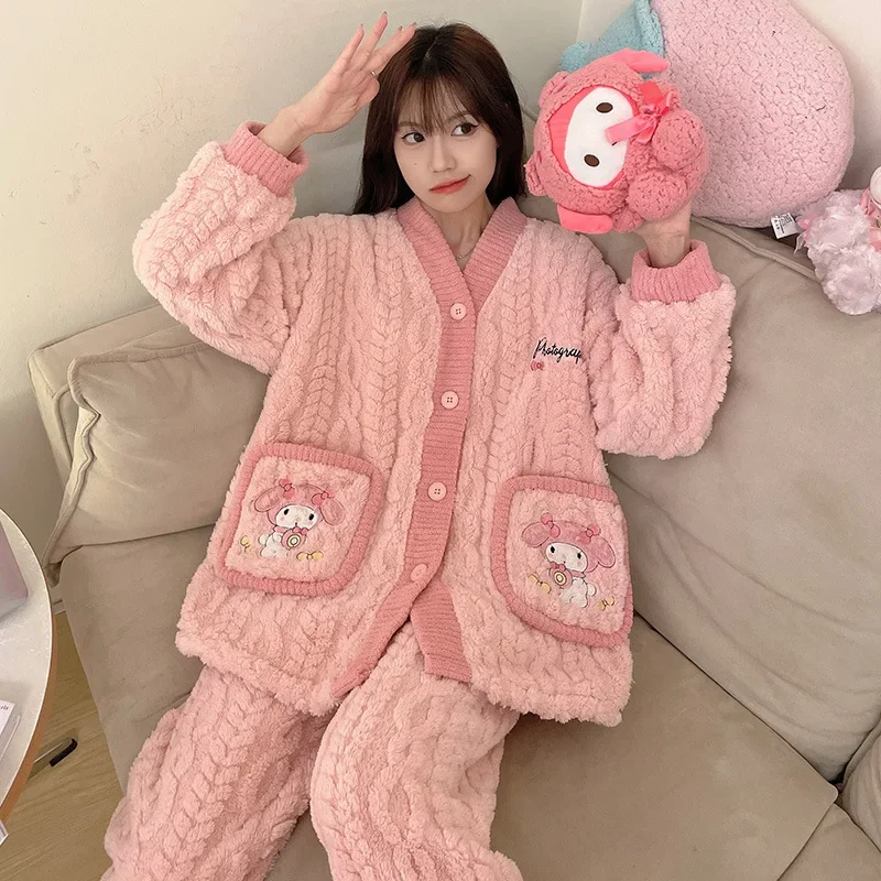 Cinnamoroll Winter Plush Pajama Suit Sanrio Anime Cute Kuromi My Melody Coral Velvet Thickened Women Nightwear Cartoon Homewear