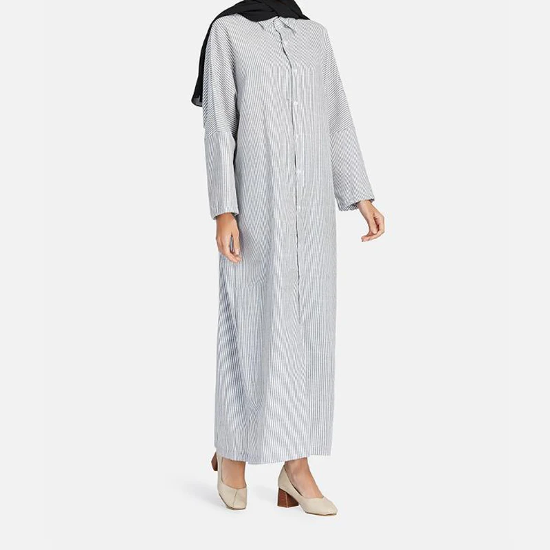 Women\'s Long Dress Cotton Linen Striped Cardigan Open Abaya Oversized Tunic Shirts Lady Casual Kimono Muslim Islamic Fashion