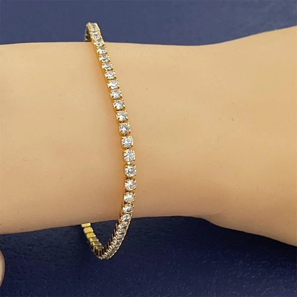 Pure 925 Silver Jewelry 2MM Tennis Bracelet 16-19CM Zirconia 18K Gold Anniversary Gift Real Sterling Silver Bracelet