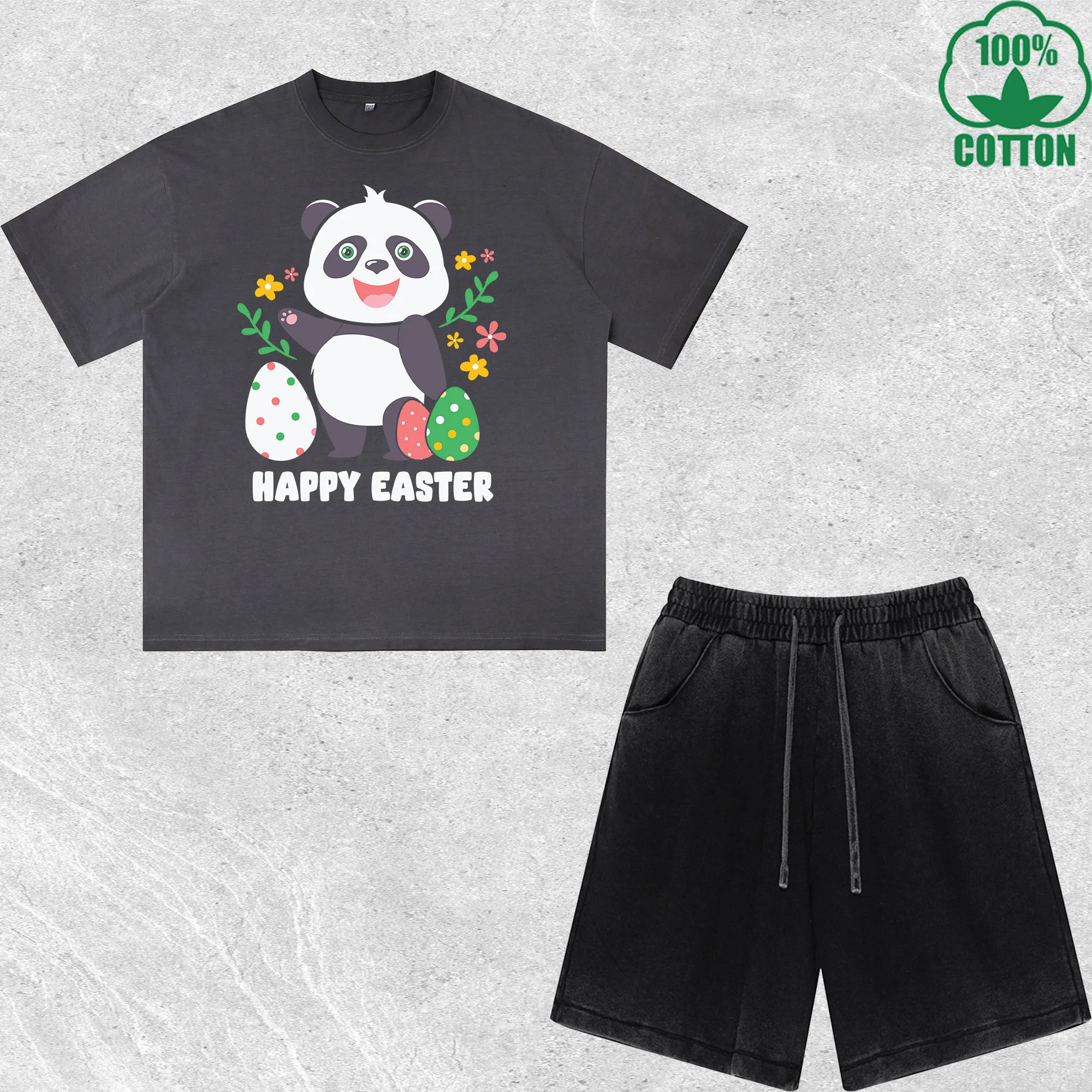 

Chibi Easter Cute Panda Printed Dirty Wash T-Shirt Shorts Set Multicolor Combo Loose Trendy Fashionable 100%Cotton