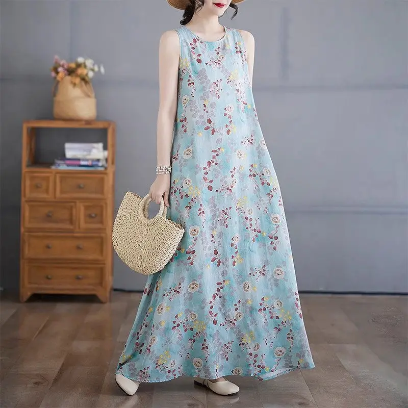 2025 ชุดเดรสแขนกุดโบฮีเมียนฤดูใบไม้ผลิฤดูร้อนของผู้หญิง - ชุดเดรสแม็กซี่เดรสคอกลมพิมพ์ลายลําลอง Flowy Beachwear G319