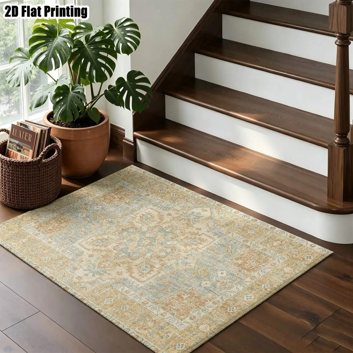 1Pc 2D Printed Retro Beige Geometric Carpet: European-Style Home Decor Rug, Machine Washable, Multi-Size, for Entrance, Dining, Foyer, Bedroom, Living Room
