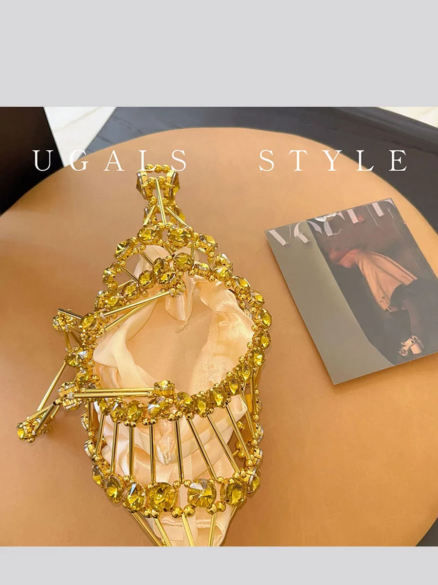 UGALS Golden Retro Handcrafted Pearl Diamond Hollow Fan Shaped Clutch Bag Soft Handle for Evening Events Polyester