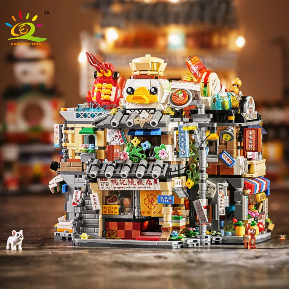 HUIQIBAO City Mini Chinese Street View Gourmet Shop Micro Building Blocks Set Seafood Restaurant DIY Bricks Toys For Children