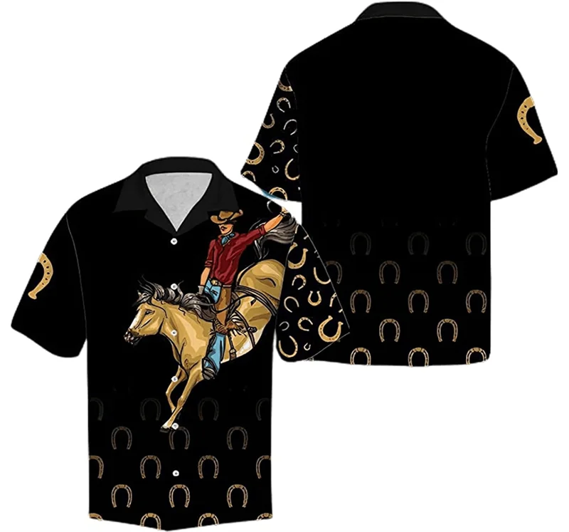 Camisa con estampado 3D de vaquero occidental Vintage para hombre y mujer, camisas de manga corta a la moda, Tops con botones de solapa, ropa Unisex de gran tamaño