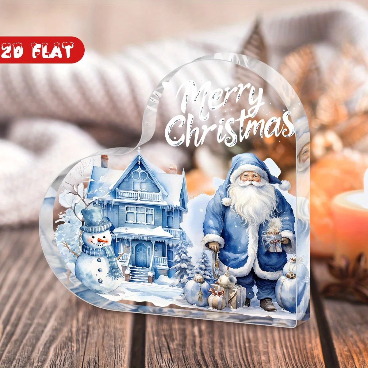 2D Flat, A Holiday Announcements Gift,Merry‑Christmas Blue Winter Scene Heart‑Shaped Acrylic Keepsake, Xmas Gift