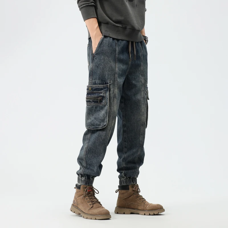 Jeans Kargo Longgar Gaya Jalanan Tinggi Dicuci Retro Musim Gugur Pria Celana Kasual Pakaian Kerja Ukuran Besar Kaki Meruncing Amerika Trendi