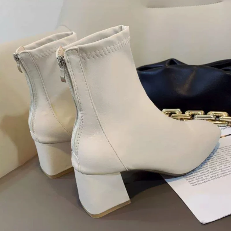 Thick Bottom Ankle Boots for Women Spring Autumn Fashion Black White Women\'s Shoes Chunky High Heels Round Head Short Botines