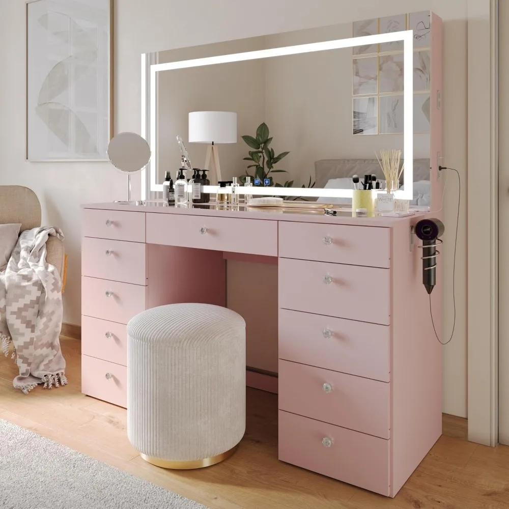 Vanity Desk with Dimmable LED, 2 Bluetooth Speakers, USB Type C & Type A, 110 V Power Outlet, 11 Drawers, Crystal Knobs