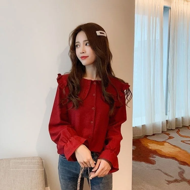 

Long Sleeve Shirts Womens Chiffon Blouses Lace-Up Slim Fit Romantic Sweet Feminine Korean Style Spring Elegant Outfit