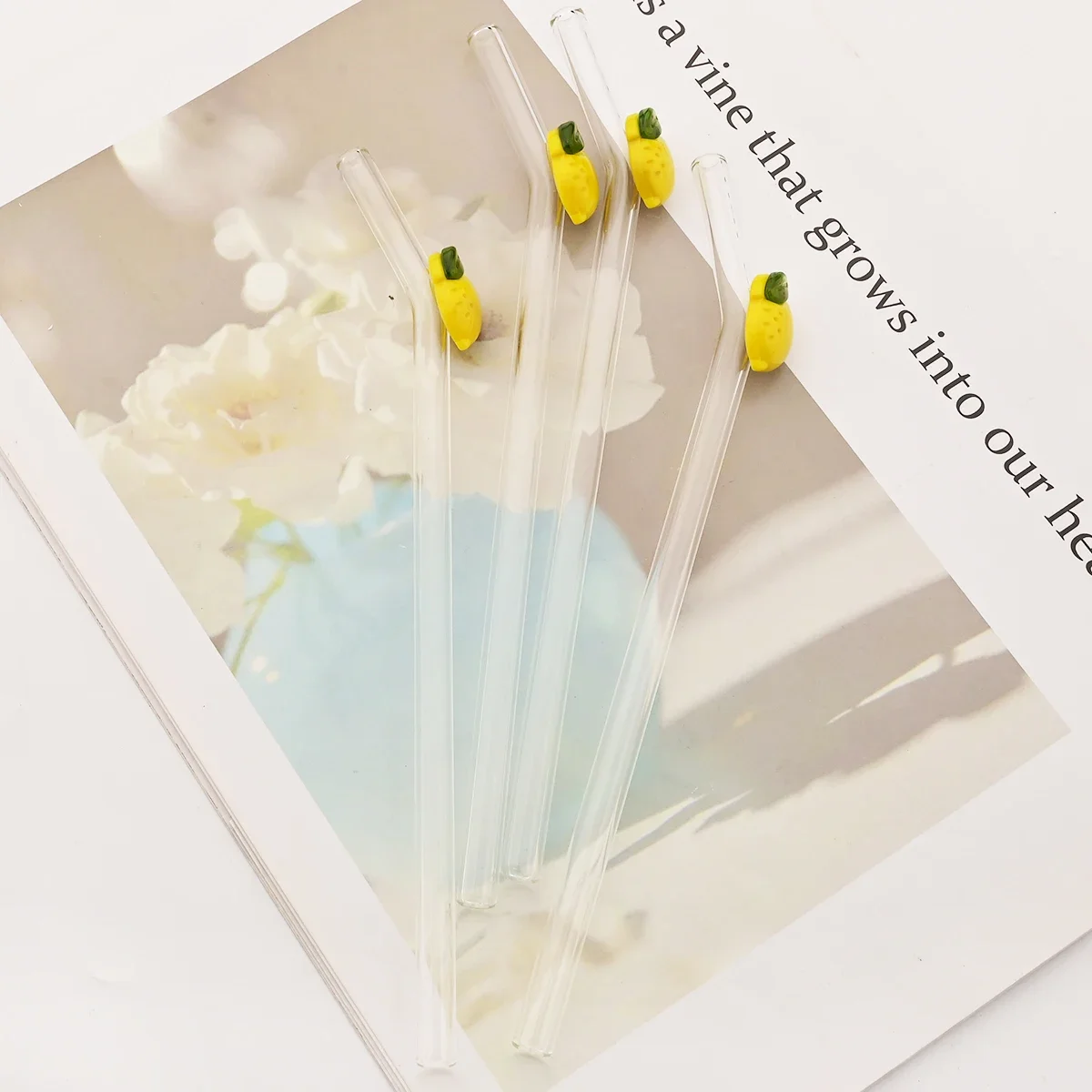 200*8mm Drinking Straw Set with Brush 2/4/6/8pcs Lemon Glass StrawsHigh Borosilicate Bent Glass Straw Home Party Bar Drinkware