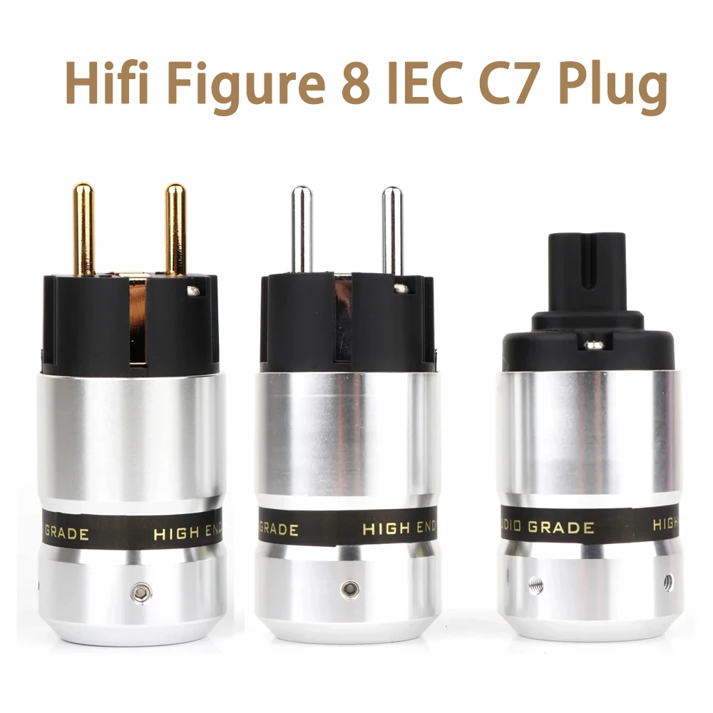 Hifi Figure 8 IEC C7 Plug Audio Aluminum gold Plated Schuko EU Male Connector+C7 IEC Female Plug Socket DIY Power Cord Cable