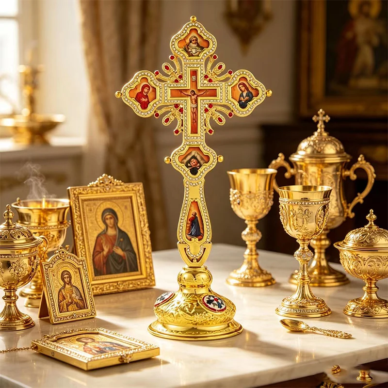 Exquisite Luxury Gold Plated Rhinestone Orthodox Standing Crucifix Multi Holy Figure Print Enamel Carved Base Fine Craft Cathedr