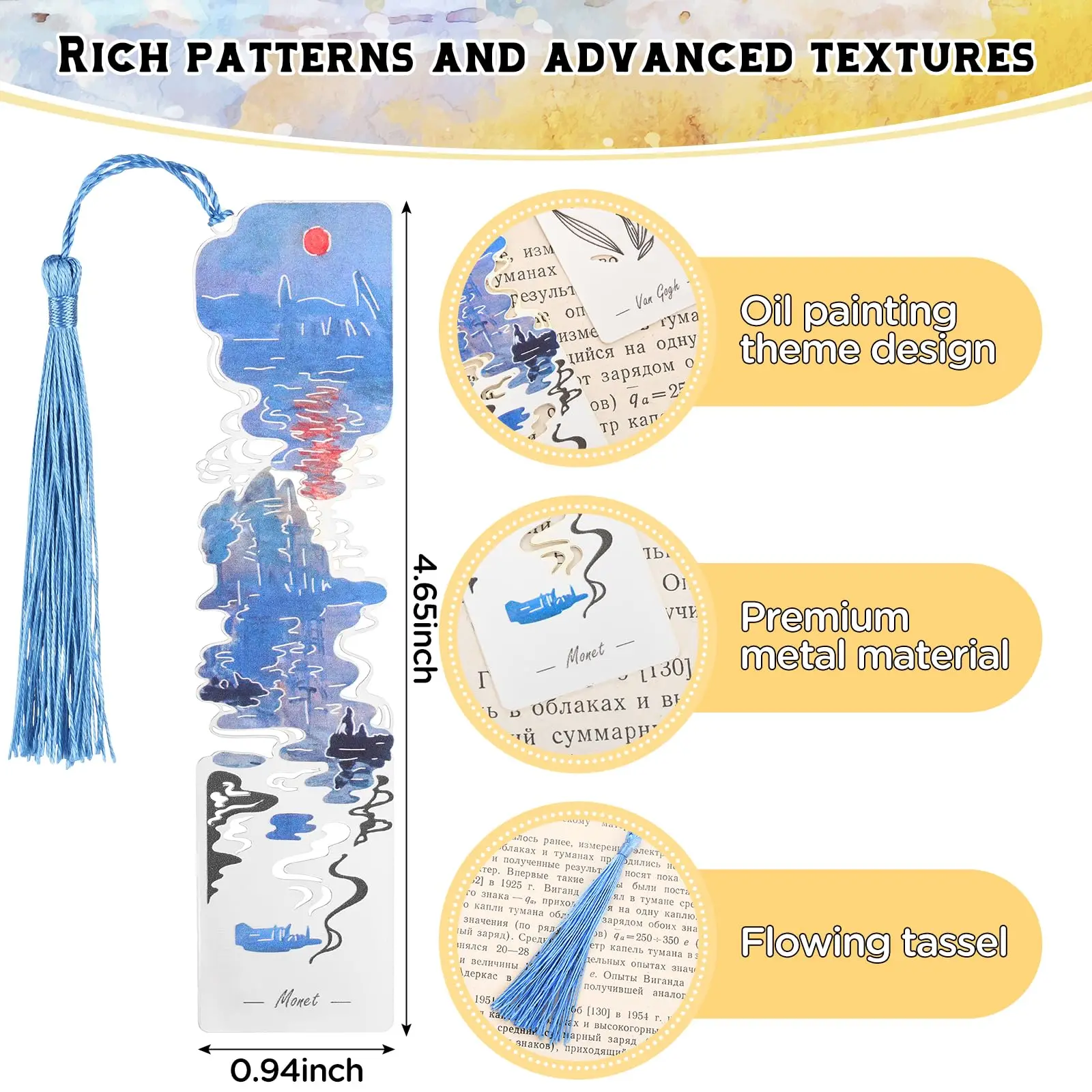 1 قطعة الإشارات المرجعية المعدنية مع شرابات، موضوع اللوحة الزيتية الذهبي الجوف المرجعية لمحبي الكتاب هدية