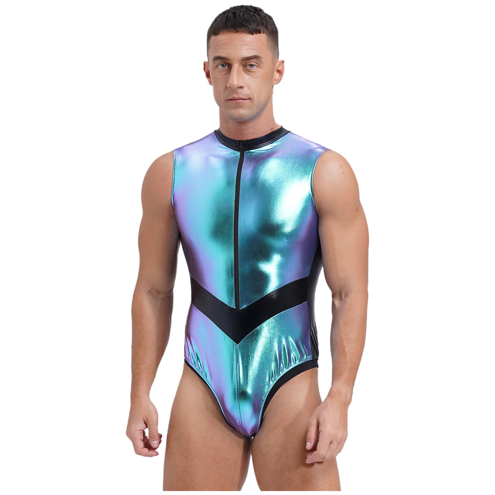 Body metálico brillante para hombre, cuello levantado, sin mangas, leotardo de corte alto, holográfico, espectáculos de escenario, traje de una pieza