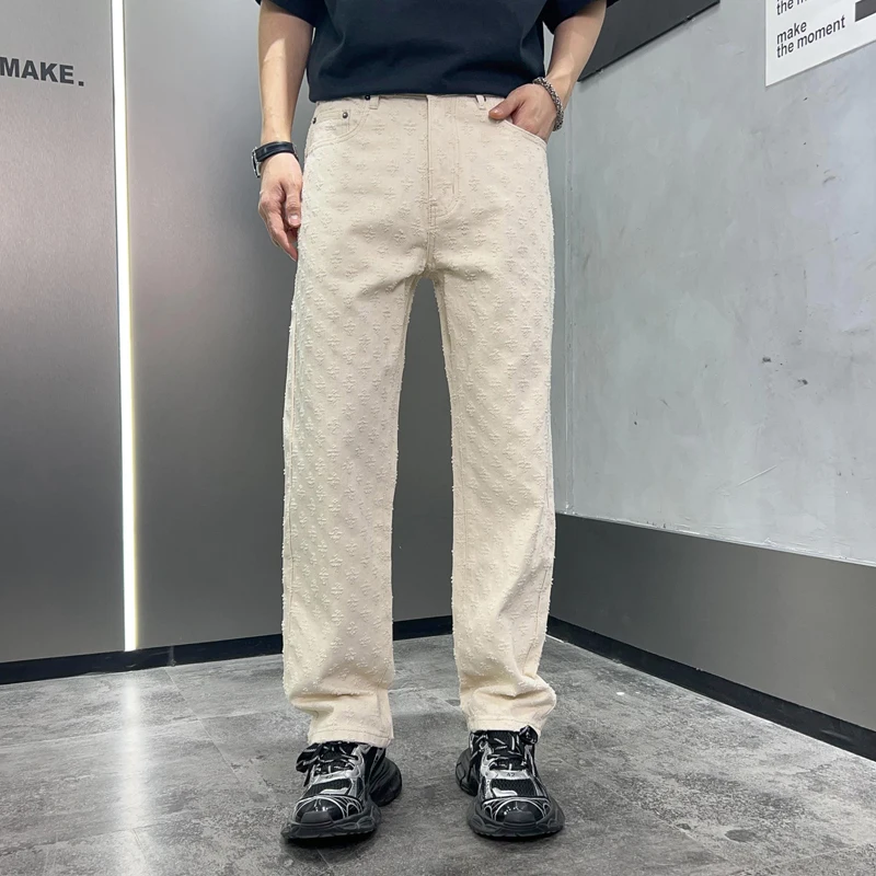 

Creamy-white loose jeans men's fashion Embroidery Street hip-hop trend wide leg straight Korean style casual trousers