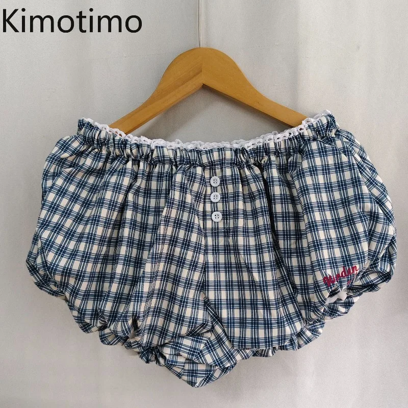 

Kimotimo Y2k Retro Plaid Bud Shorts Women 2026 Summer Elastic Waist Wide Leg Short Pants Korean Chic Sweet Versatile Streetwear