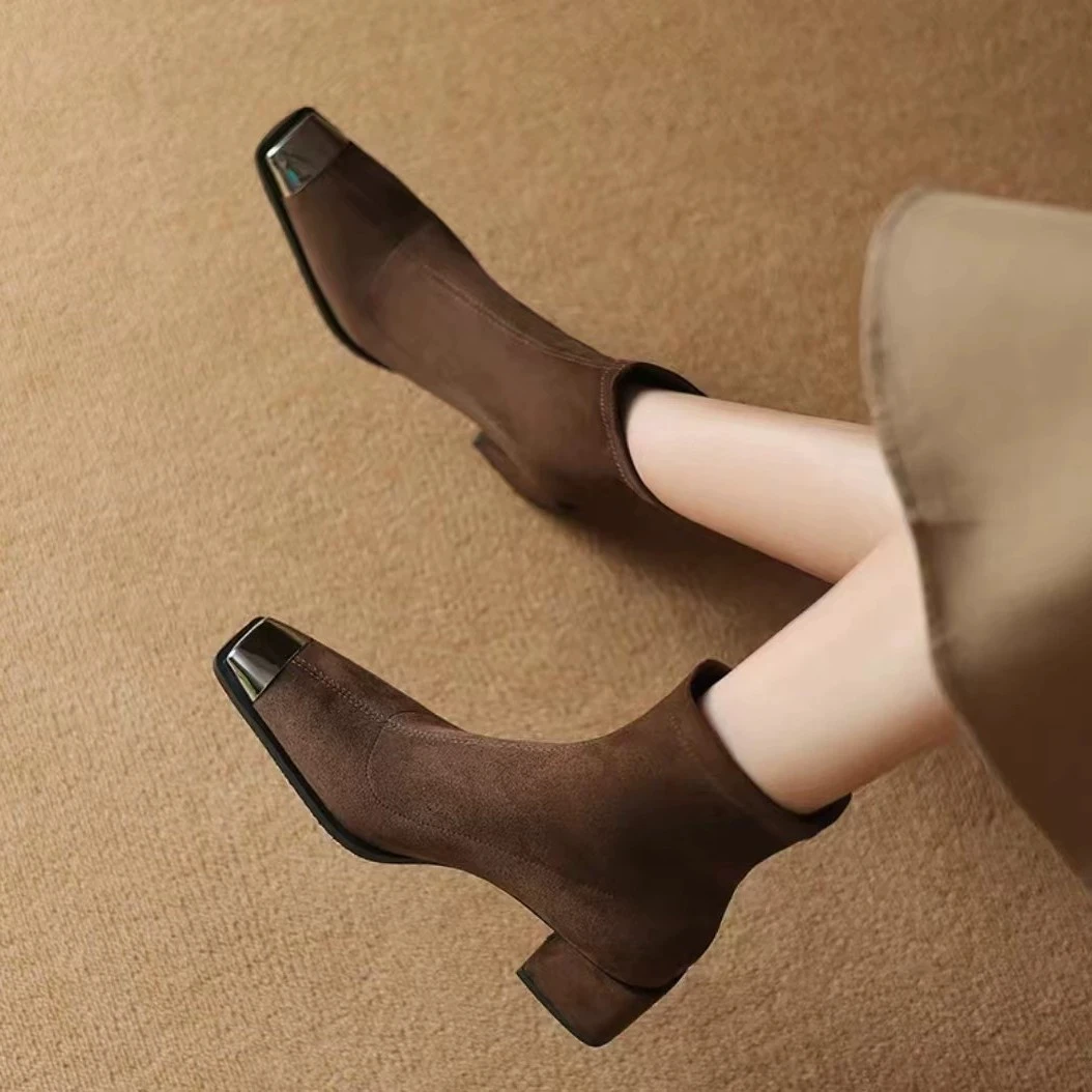 

AIYKAZYSDL Metallic Toe Faux Suede Flock Ankle Boots Low Kitten Cuban Heel Shoes Office Lady Shoes Booties 2025 Autumn Winter