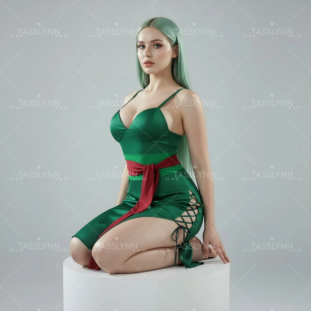 

Костюм для косплея Ророноа Зоро, костюм для косплея на Хэллоуин, зеленое атласное платье с высоким разрезом и красным поясом, для взрослых женщин