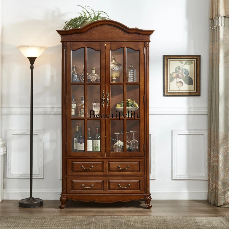 

All solid wood wine cabinet Household double door storage against the wall European glass display wine cabinet
