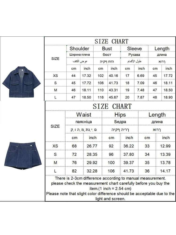 TRAF New Fashon Women Denim 2pcs Clothes Set Spring Summer Long Sleeve Shirt Top High Waist Skirts Shorts Suit Casual Denim