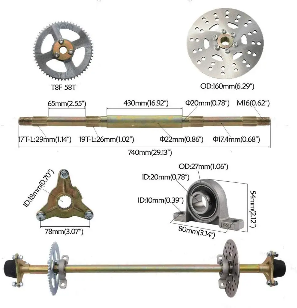 740mm Go Kart Rear Axle Complete Assembly Kit + Brake Master Cylinder + Pair of Pillow Blocks for 50cc 70cc Mini Quads ATV Buggy